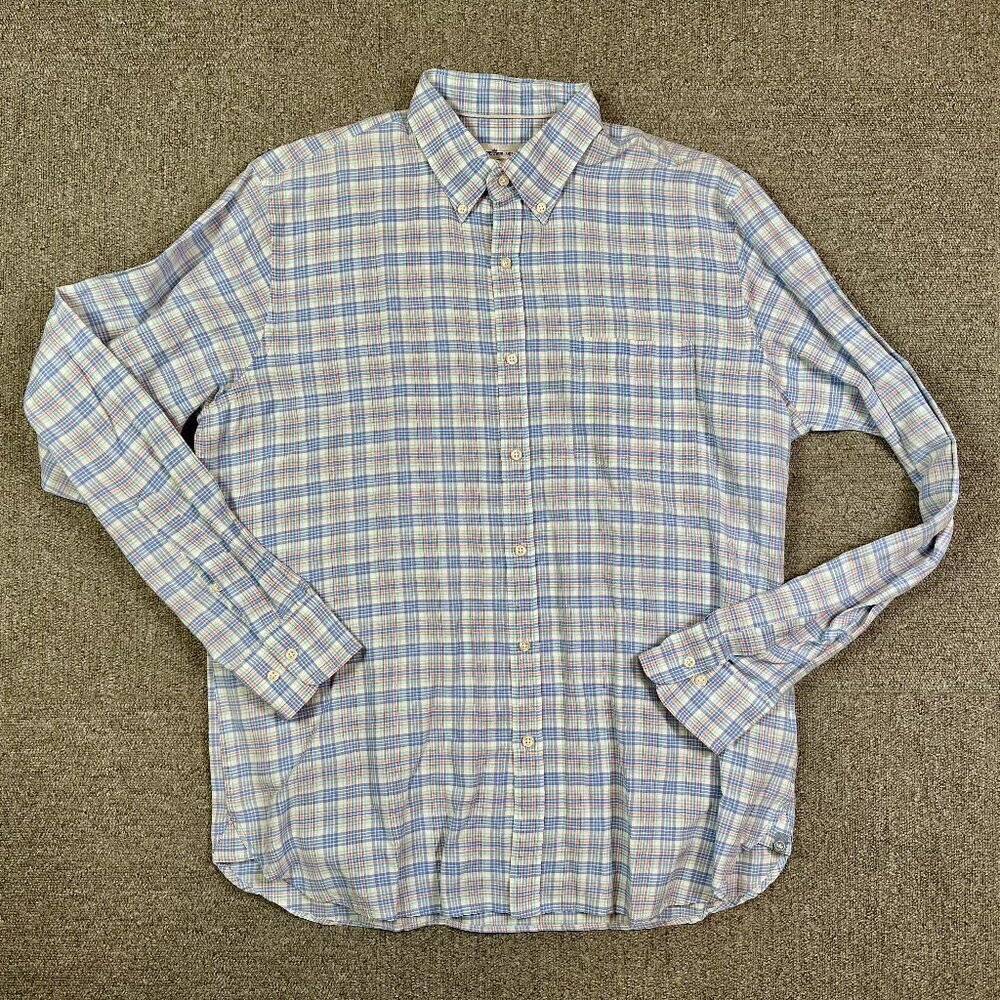 Peter Millar Linen Cotton Silk Blend Pastel Plaid Mens Shirt Size Large